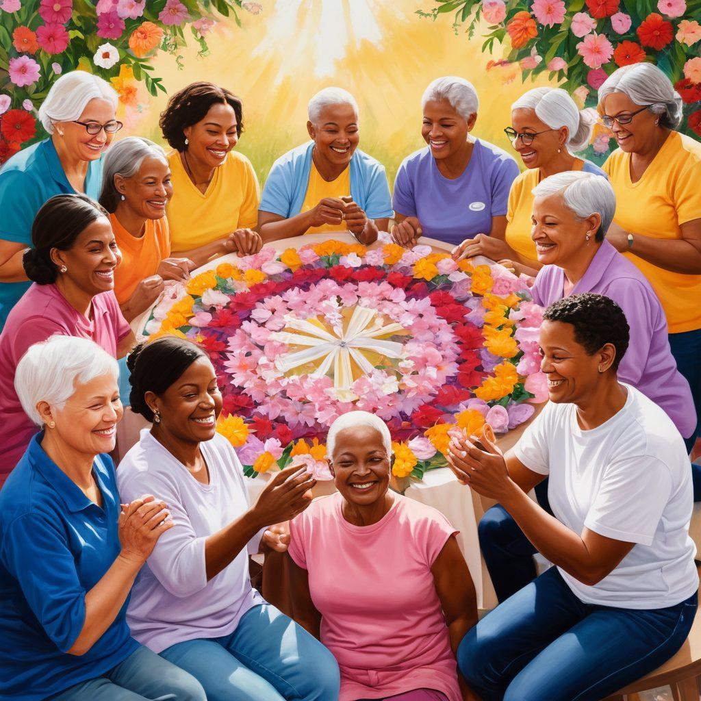 A compassionate scene depicting a diverse group of cancer survivors engaged in a support circle, sharing smiles and stories of hope. Include symbols of empowerment like ribbons and blooming flowers in the background, showcasing resilience and strength. Warm, inviting colors to evoke a sense of community, along with health resources like pamphlets and supportive hands in the foreground. painting. vibrant colors.